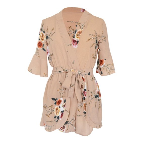 Flirty Floral Romper in Mocha - Belted - Floral California Romper - Picture 9 of 14